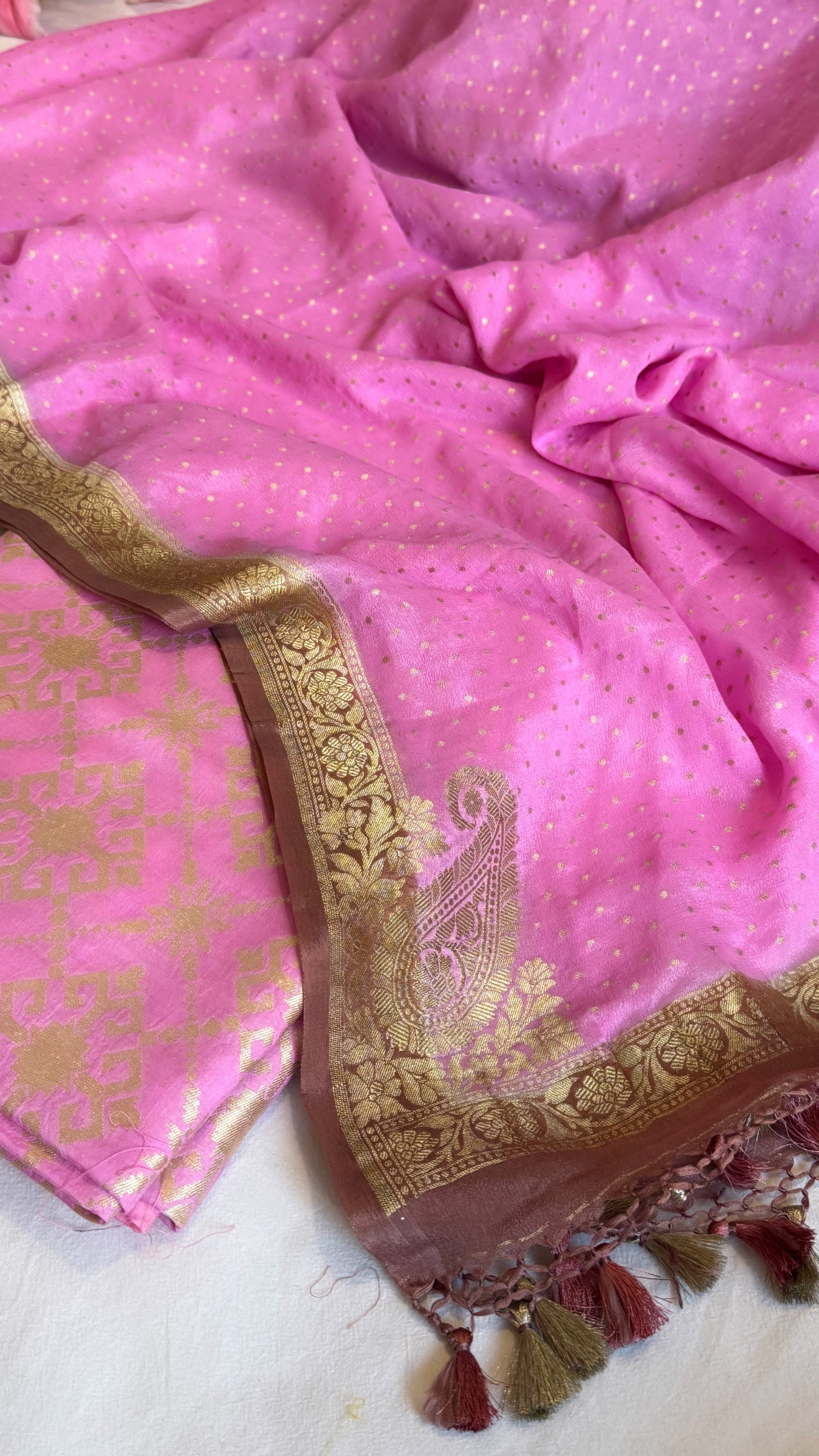 Banarasi hot pink-brown chiniya silk kurta paired with gorgette kadhwa duppata set